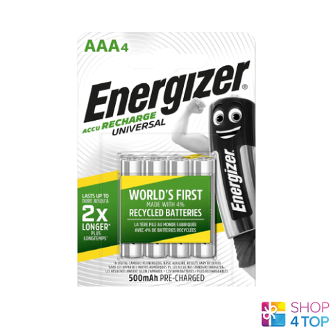 4 Energizer Accu Recharge Universal Aaa Hr03 Batteries 1.2V 500Mah NEW