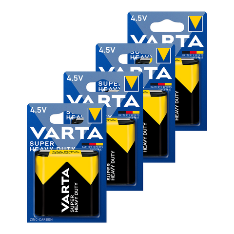 Three blister packs of Varta Super Heavy Duty 4.5V zinc-carbon batteries, with the brand logo and product information displayed on the packaging.
