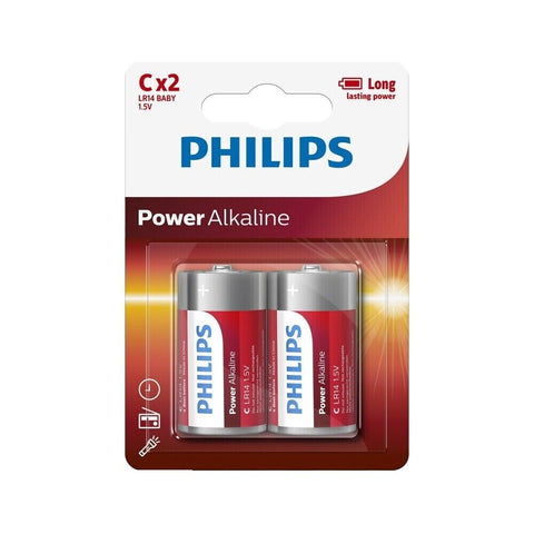 6 Philips Power Alkaline C Batteries 1.5V Blister Lr14 Baby 2Bl Exp 2030 NEW
