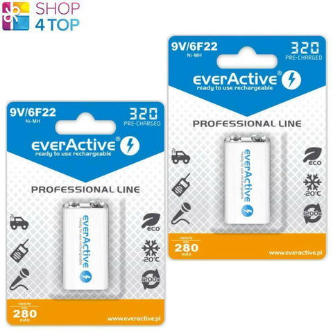 2 Everactive Professional Line Battery 9V 6F22 E Block 320 Pre-Charged 280Mah