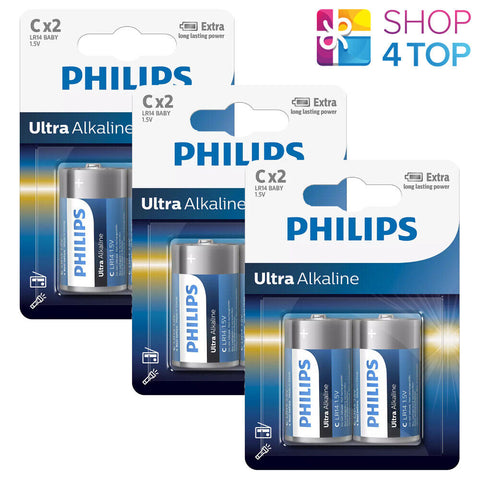 6 Philips Ultra Alkaline C Batteries 1.5V Blister Lr14 Baby 2Bl Exp 2029 NEW