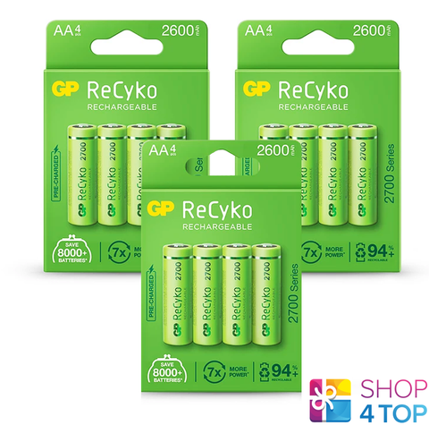 12 Gp Recyko + 2700 Rechargeable Aa Batteries 2600Mah Hr6 Mn1500 1.2V 4Bl NEW