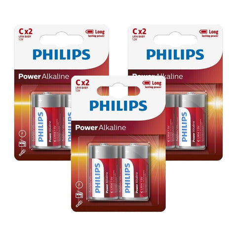 6 Philips Power Alkaline C Batteries 1.5V Blister Lr14 Baby 2Bl Exp 2030 NEW