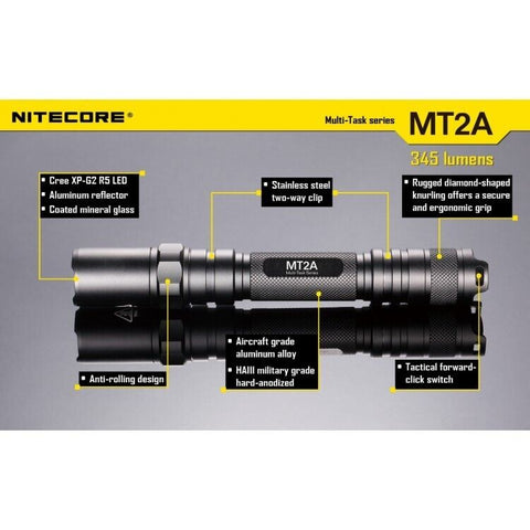 Nitecore Flashlight Mt2A Multi-Task 2 Aa Batteries 345 Lumens Cree Xp-G2 R5 Led