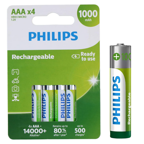 12 Philips Rechargeable Aaa Batteries Nimh Hr03 1000 Mah Battery 4Bl 1.2V NEW