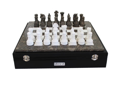 Italfama Handmade Marble Chess Set Gray/White, 40cm Board, Leather Case