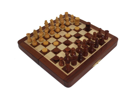 Italfama Magnetic Wooden Chess & Checkers Set, Folding Travel Board 18.5cm