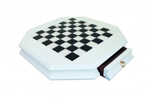 Octagonal White Marble Wood Chess Board with Drawer, 46cm, Italfama Handmade