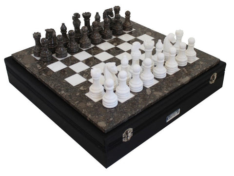 Italfama Handmade Marble Chess Set Gray/White, 40cm Board, Leather Case