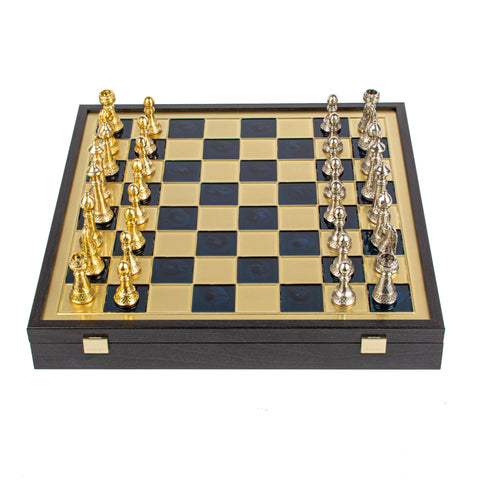 Classic Metal Staunton Chess Set Gold & Silver Chessmen 41Cm Manopoulos Sk33Blu