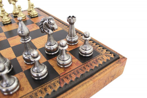 Italfama Metal Chess Set, Faux Leather Board with Storage, Checkers & Backgammon