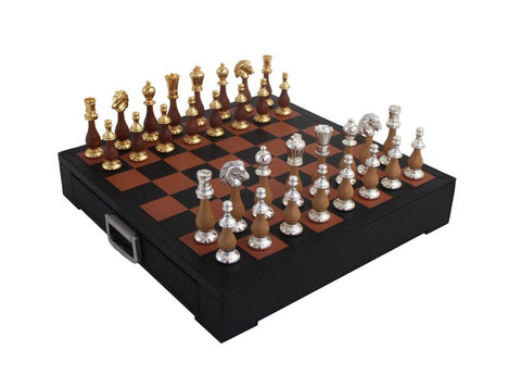 Italfama Handmade Italian Chess Set, Brass/Wood Pieces, Leather Board Drawer