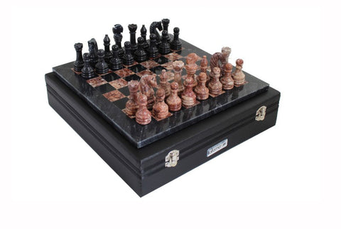 Italfama Handcrafted Pink & Black Marble Chess Set, 30cm, Leather Case, Italy