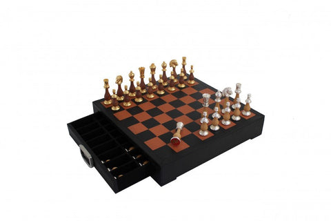 Italfama Handmade Italian Chess Set, Brass/Wood Pieces, Leather Board Drawer