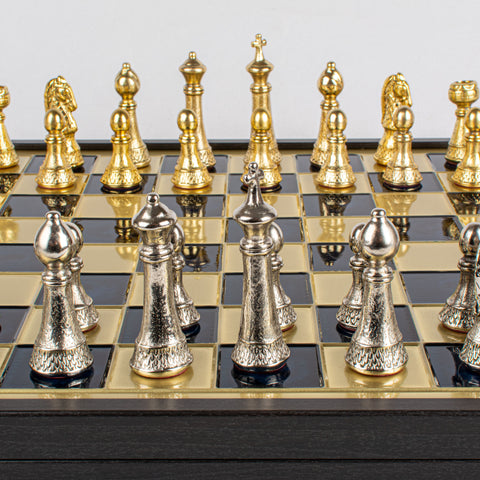 Classic Metal Staunton Chess Set Gold & Silver Chessmen 41Cm Manopoulos Sk33Blu