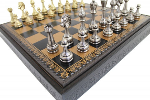 Italfama Metal Chess Set Gold/Silver, Faux Leather 48cm, Checkers & Backgammon