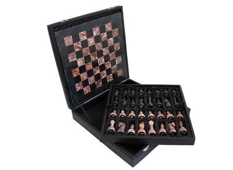 Italfama Handcrafted Pink & Black Marble Chess Set, 30cm, Leather Case, Italy