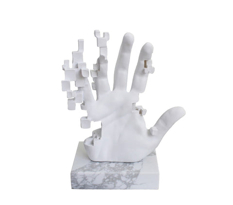 Pixel Hand Sculpture White Resin with Marble Base 23cm Modern Italfama