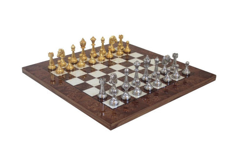 Italfama Metal Chess Set, Gold & Silver Pieces, Wood Board, Made in Italy