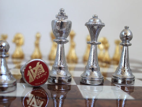Italfama Metal Chess Set, Gold & Silver Pieces, Wood Board, Made in Italy