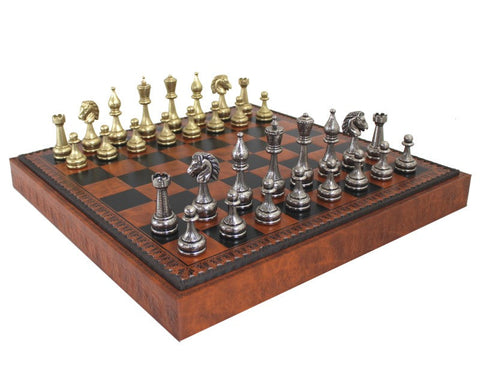 Italfama Metal Chess Set, Handmade Faux Leather Board + Checkers & Backgammon
