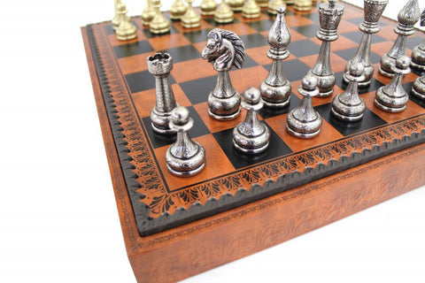 Italfama Metal Chess Set, Handmade Faux Leather Board + Checkers & Backgammon
