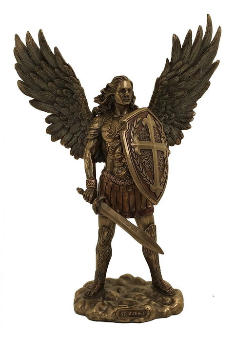 St. Michael the Archangel Statue 71cm Bronze Resin, Sword & Shield, Italy