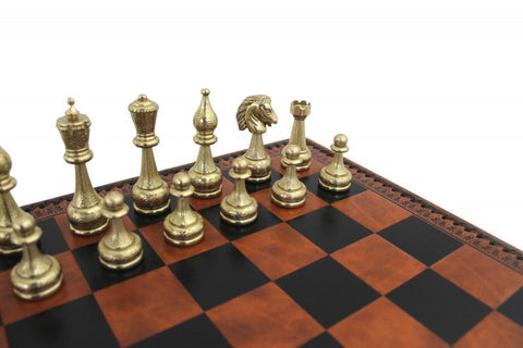 Italfama Metal Chess Set, Handmade Faux Leather Board + Checkers & Backgammon