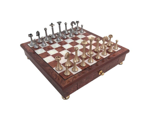 Italfama Brass Chess Set Gold/Silver Pieces, Handmade Wood Board 32x32cm Drawer