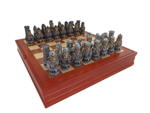 Handmade Skeleton Chess Set, Resin Pieces, Walnut/Maple Board w/ Storage Italy