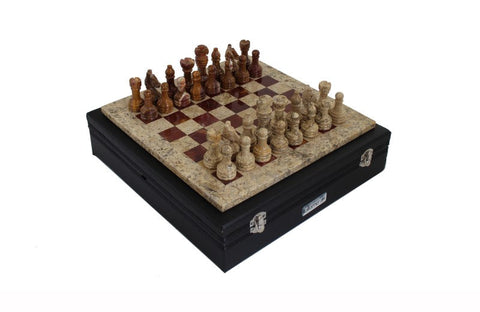 Italfama Handmade Marble Chess Set Brown & Red, Leather Case, 30cm Board Italy