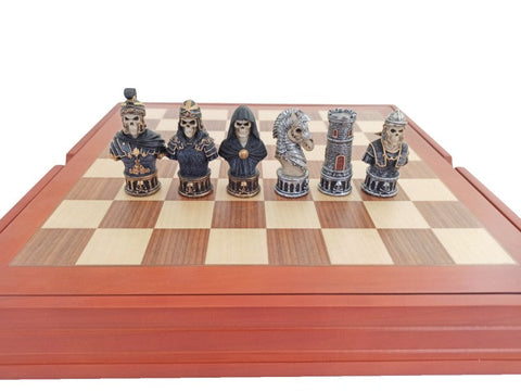 Handmade Skeleton Chess Set, Resin Pieces, Walnut/Maple Board w/ Storage Italy