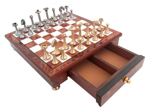 Italfama Brass Chess Set Gold/Silver Pieces, Handmade Wood Board 32x32cm Drawer