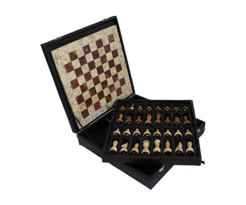 Italfama Handmade Marble Chess Set Brown & Red, Leather Case, 30cm Board Italy