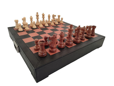 Italfama Genuine Leather Chess Set 48cm, Acacia Pieces, Drawer, Italy