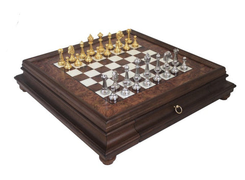 Italfama Handmade Metal Chess Set, Elm Wood 53cm Board with Drawer, Italy