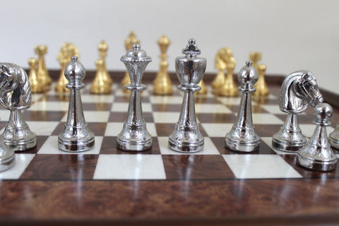 Italfama Handmade Metal Chess Set, Elm Wood 53cm Board with Drawer, Italy