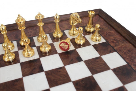 Italfama Handmade Metal Chess Set, Elm Wood 53cm Board with Drawer, Italy