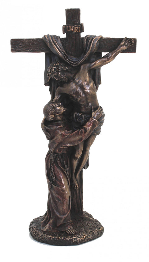 Crucified Jesus with St. Francis Resin Statue, Bronze Finish, 29cm, Made in Italy