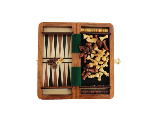 Italfama Magnetic Wooden Travel Chess Set w/ Checkers & Backgammon, 19x19cm