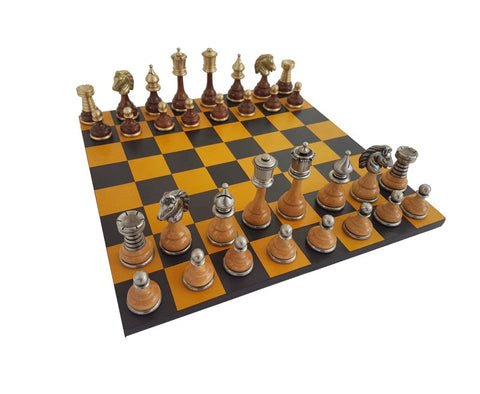 Luxury Chess Set Brass & Wood Pieces, Genuine Leather Board, Handmade Italfama