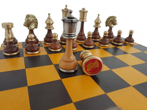 Luxury Chess Set Brass & Wood Pieces, Genuine Leather Board, Handmade Italfama
