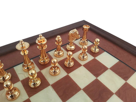 Italfama Gold & Silver-Plated Brass Chess Set, Burl Wood Board, Italy