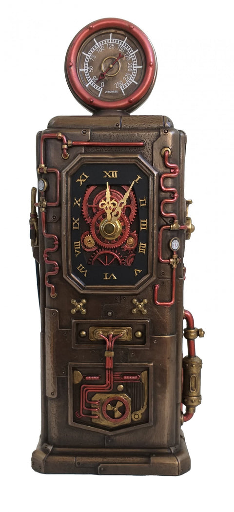 Vintage Gas Pump Clock, Bronze Finish Resin Statue, 29cm, Italfama Italy