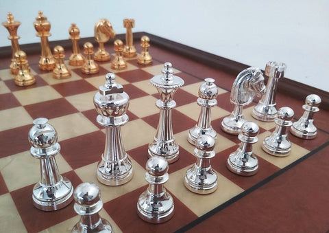 Italfama Gold & Silver-Plated Brass Chess Set, Burl Wood Board, Italy