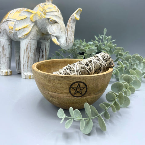 Wooden Smudge and Ritual Offerings Bowl - Pentagram Ancient Wisdom (14x7)