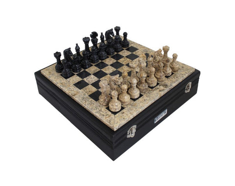 Italfama Handmade Marble Chess Set Black/Brown 30cm Board, Leather Case Italy