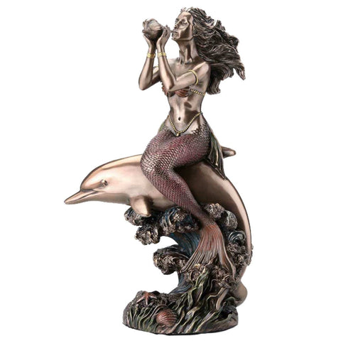 Mermaid on Dolphin Bronze Resin Statue 21cm Handcrafted Italfama Italy