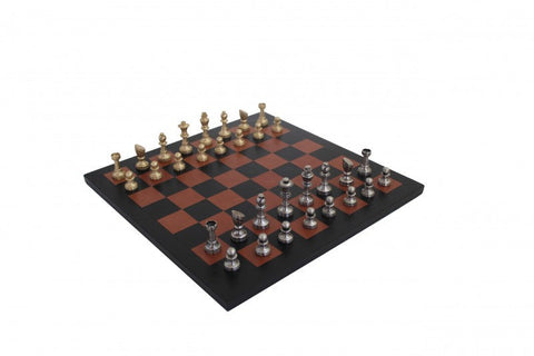 Italfama Brass Chess Set w/ Real Leather Board, Gold & Silver Plated, Italy