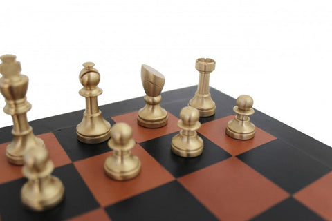 Italfama Brass Chess Set w/ Real Leather Board, Gold & Silver Plated, Italy